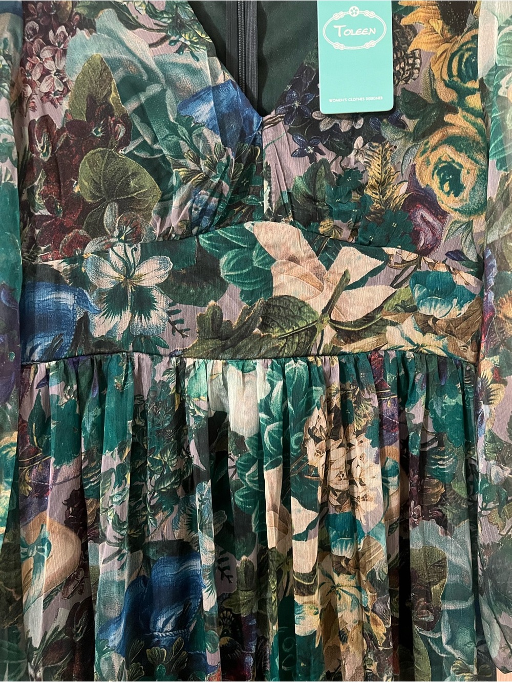 NWT Women’s Toleen Green Floral Tiered Boho Festival Maxi Dress Size Small - Picture 4 of 14